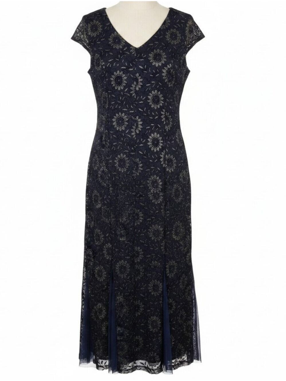 Candalite Navy Blue Silver Floral Long Gown Dress